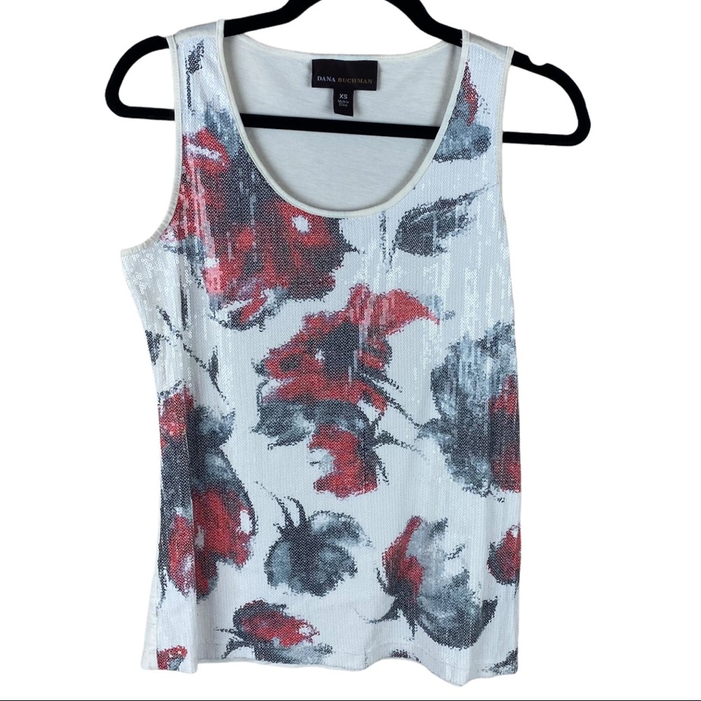 Dana Buchman Roses Embellished Sequin Tank Top Womens XS White Red Black